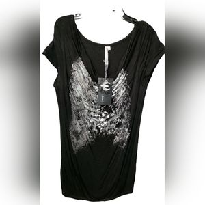 Adiktd Black Scoop Neck Top with Silver, Size Large, 95%Rayon, 5% Spandex